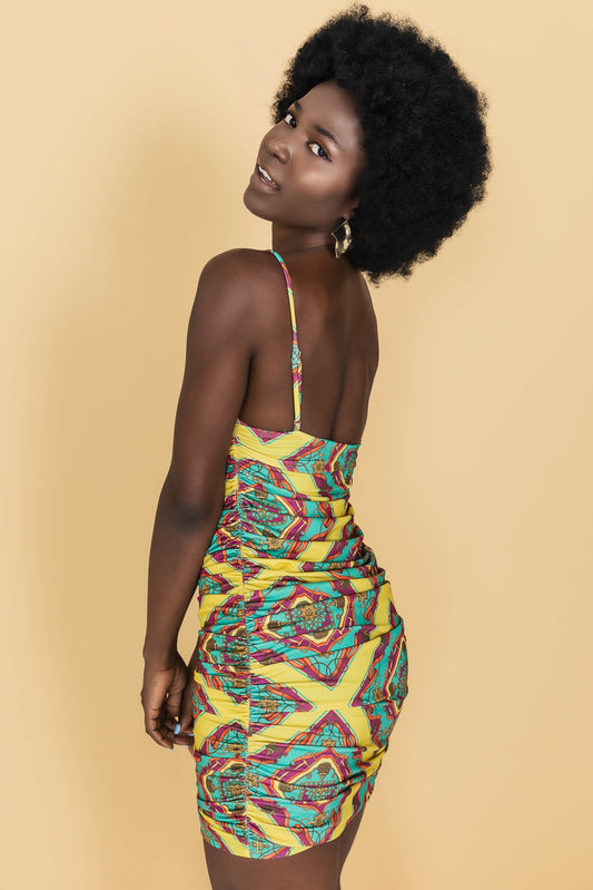 Three colour yellow print mini dress