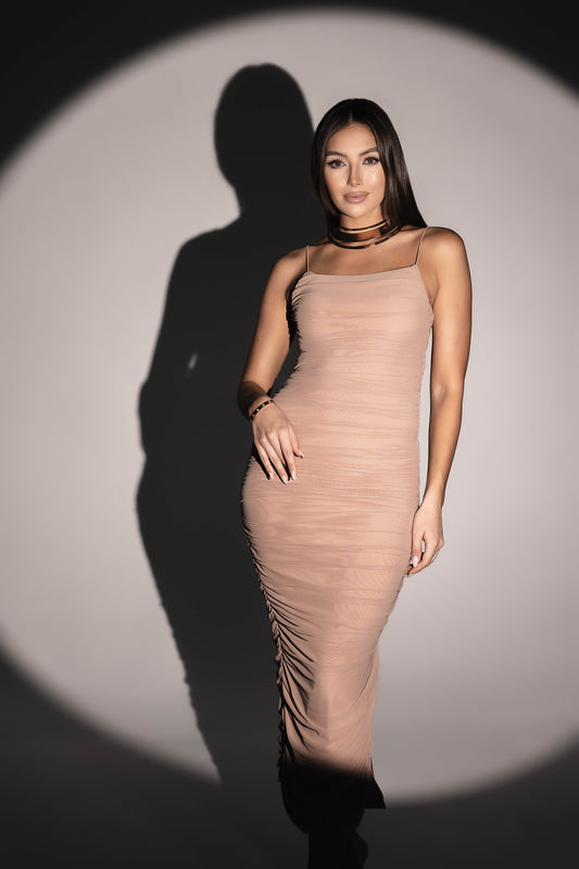 Nude sleeveless fold maxi slim dress