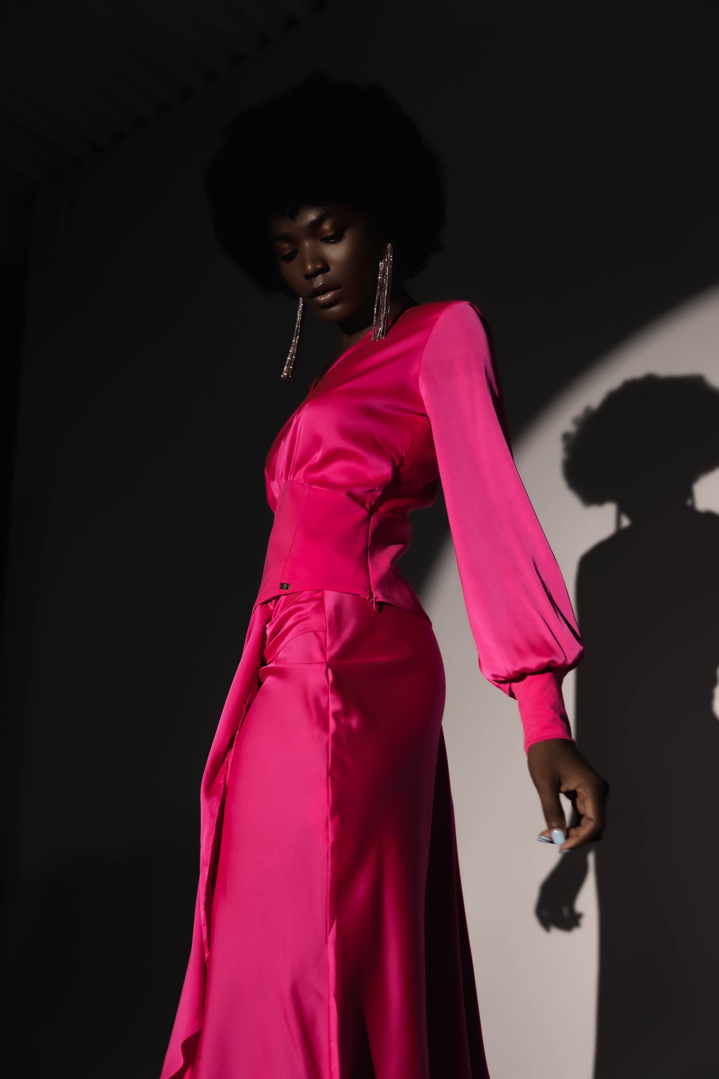 Pink silky classic blouse and maxi skirt