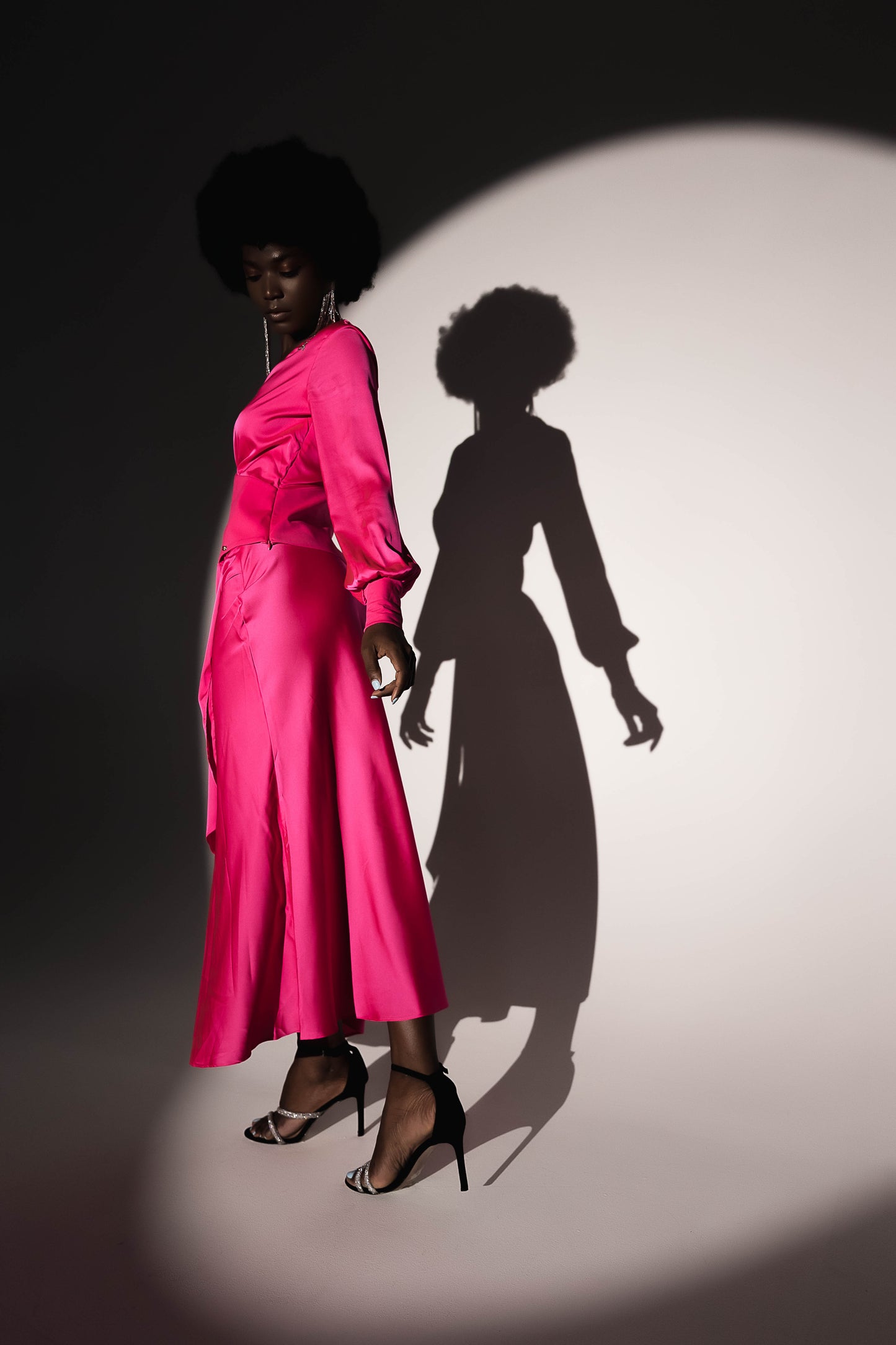 Pink silky classic blouse and maxi skirt